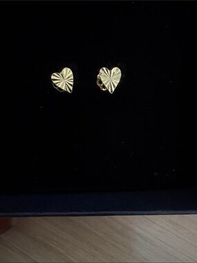 14k Gold Heart Stud Earrings with Radiant Etch